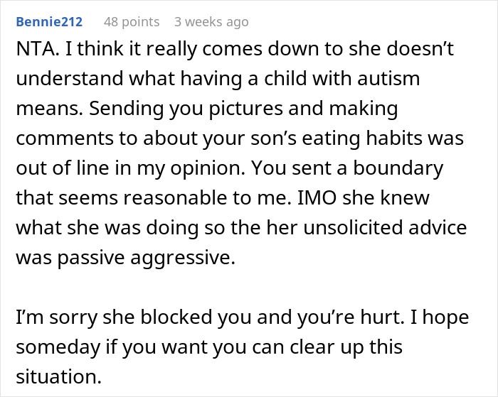 Reddit comment discussing food talk triggers related to son's autism and cousin cutting off communication.