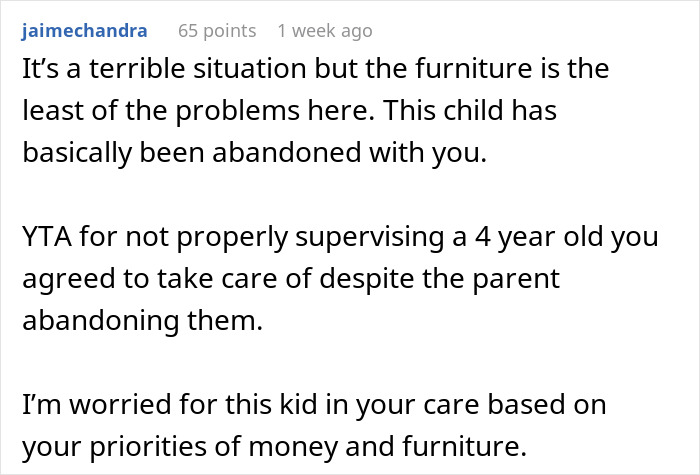 Comment discussing supervision and care concerns related to a friend’s daughter ruining furniture. Comment discussing supervision and care concerns related to a friend’s daughter ruining furniture.