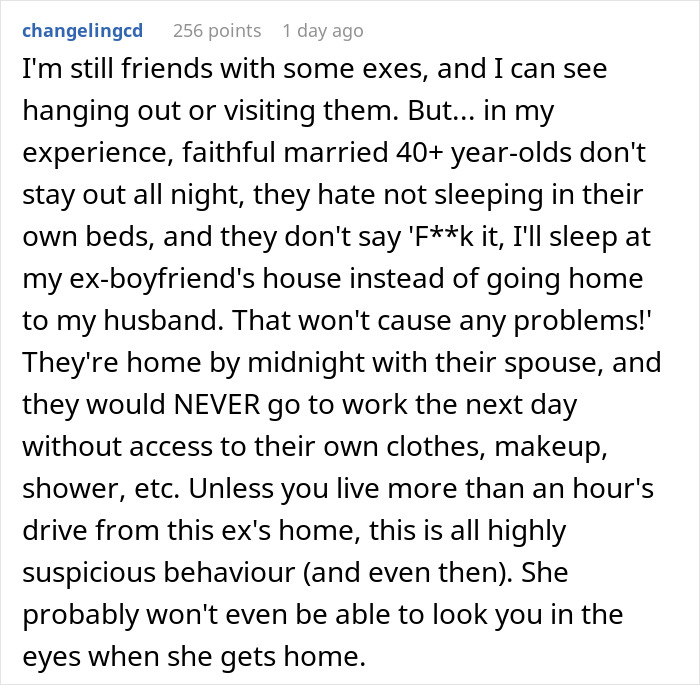 Text post discussing a wife’s catch-up with her ex turning into a sleepover, while the husband is home alone. Text post discussing a wife’s catch-up with her ex turning into a sleepover, while the husband is home alone.