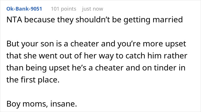 Screenshot of a Reddit comment discussing wedding drama after groom fails fiancée loyalty test and funding is refused by parent. Screenshot of a Reddit comment discussing wedding drama after groom fails fiancée loyalty test and funding is refused by parent.