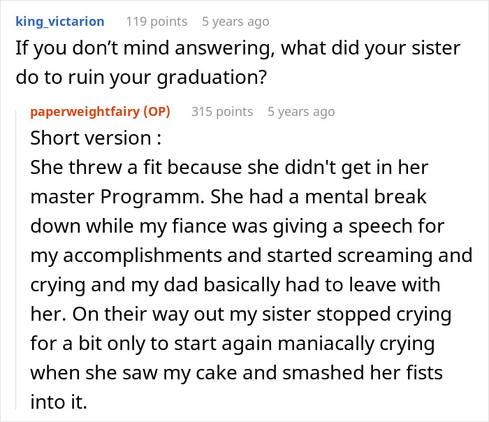 Screenshot of a Reddit conversation discussing how a pregnant sister demanded a wedding venue booked years in advance. Screenshot of a Reddit conversation discussing how a pregnant sister demanded a wedding venue booked years in advance.