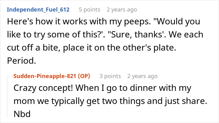 Screenshot of a Reddit conversation about sharing food bites to prevent roommate stealing food off of plate. Screenshot of a Reddit conversation about sharing food bites to prevent roommate stealing food off of plate.
