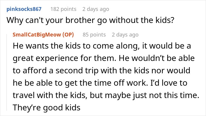 Screenshot of a Reddit conversation about a man planning a life-changing trip after cancer and his brother’s picky kids invited. Screenshot of a Reddit conversation about a man planning a life-changing trip after cancer and his brother’s picky kids invited.