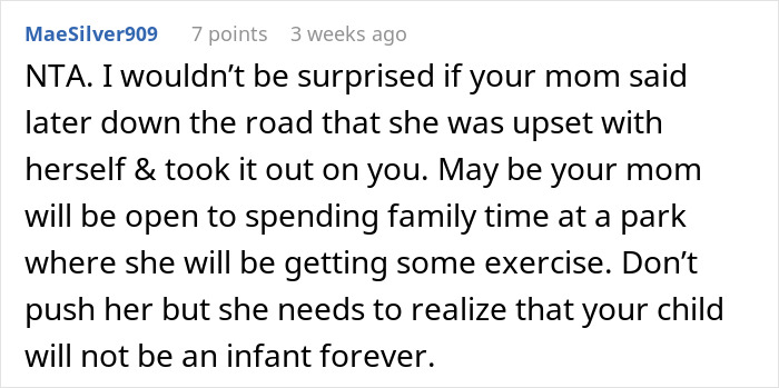 Comment from MaeSilver909 discussing concerns about obese mom babysitting newborn and suggestions for family exercise time. Comment from MaeSilver909 discussing concerns about obese mom babysitting newborn and suggestions for family exercise time.