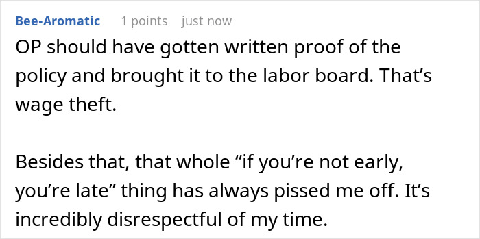 Screenshot of a forum comment criticizing a boss obsessed with punctuality and discussing worker disrespect over timing policies. Screenshot of a forum comment criticizing a boss obsessed with punctuality and discussing worker disrespect over timing policies.