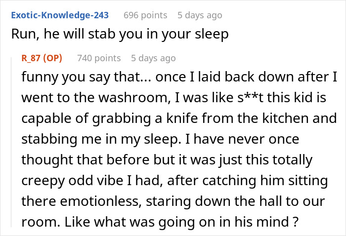 Screenshot of an online discussion about a man questioning his future with his girlfriend due to her 11-year-old son monitoring the bedroom. Screenshot of an online discussion about a man questioning his future with his girlfriend due to her 11-year-old son monitoring the bedroom.