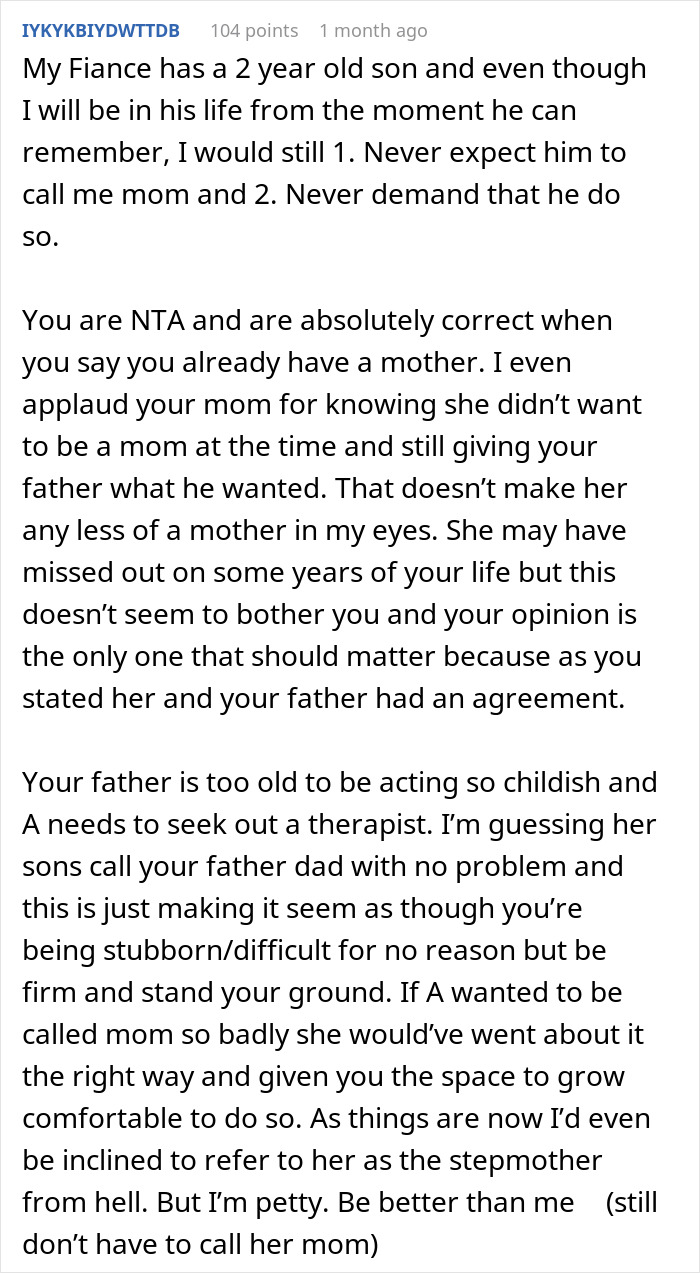Comment discussing a teen refusing to accept a stepmother as mom and affirming they already have a mom. Comment discussing a teen refusing to accept a stepmother as mom and affirming they already have a mom.