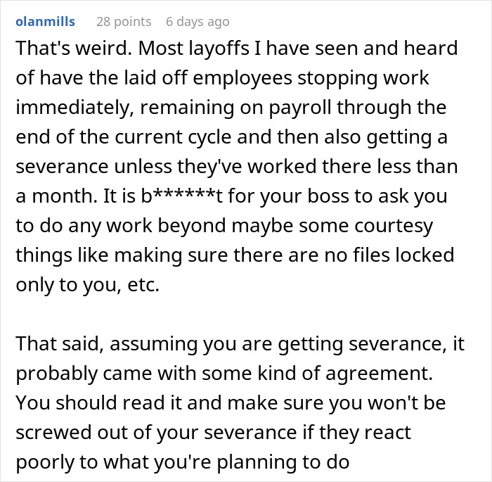 Comment discussing worker getting told to start a new project despite being fired and agreeing without intention to do it. Comment discussing worker getting told to start a new project despite being fired and agreeing without intention to do it.