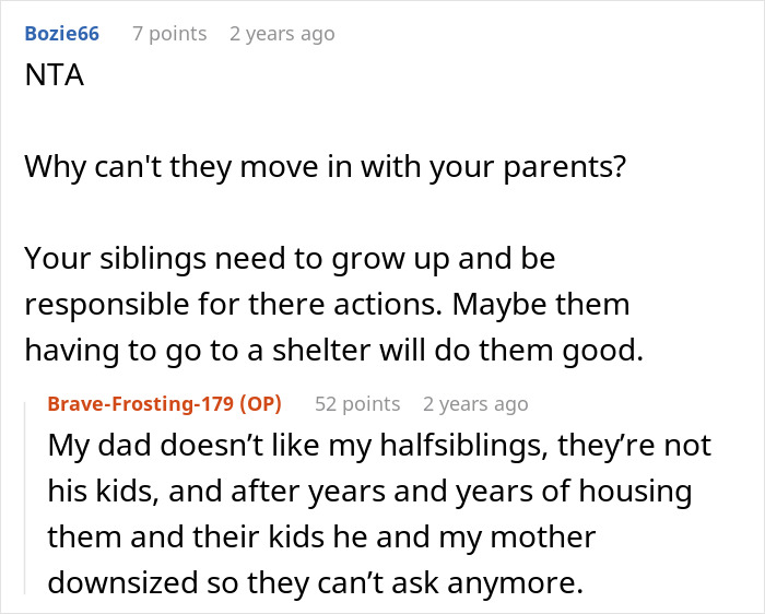 Screenshot of an online discussion about siblings turning on sister for refusing to turn her home into a shelter. Screenshot of an online discussion about siblings turning on sister for refusing to turn her home into a shelter.