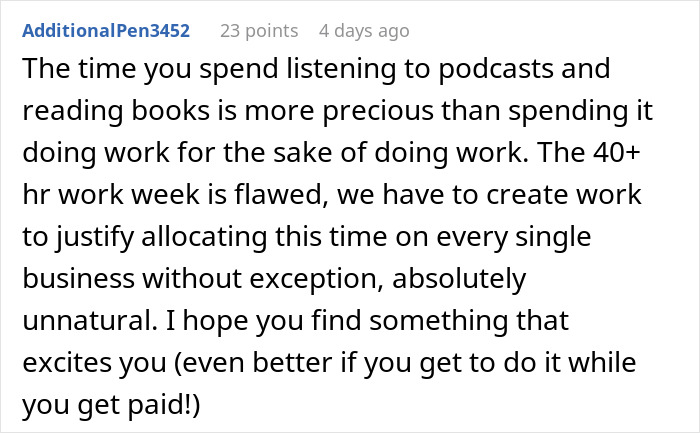 Comment about valuing time over a 40+ hour work week, sharing thoughts on work and personal growth. Comment about valuing time over a 40+ hour work week, sharing thoughts on work and personal growth.