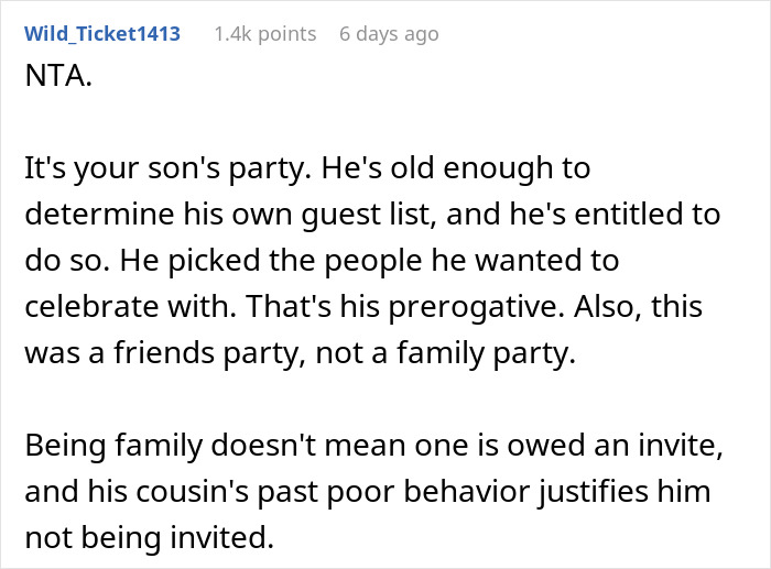 Screenshot of a forum comment explaining nephew exclusion from son's birthday due to past behavior and fatphobic accusations. Screenshot of a forum comment explaining nephew exclusion from son's birthday due to past behavior and fatphobic accusations.