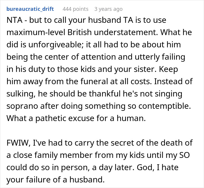Reddit comment criticizing a guy for failing his duty in telling SIL’s kids their dad passed away and getting banned from funeral. Reddit comment criticizing a guy for failing his duty in telling SIL’s kids their dad passed away and getting banned from funeral.