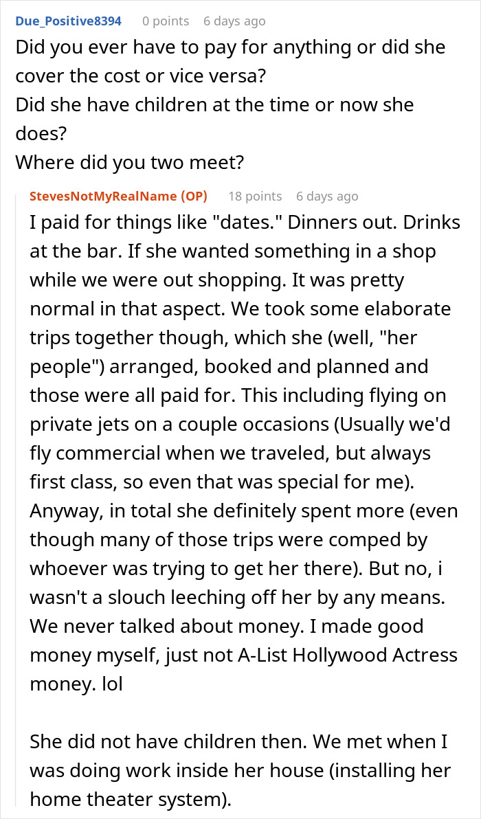 Screenshot of an online forum discussion about dating a famous actress, sharing personal experiences and details.