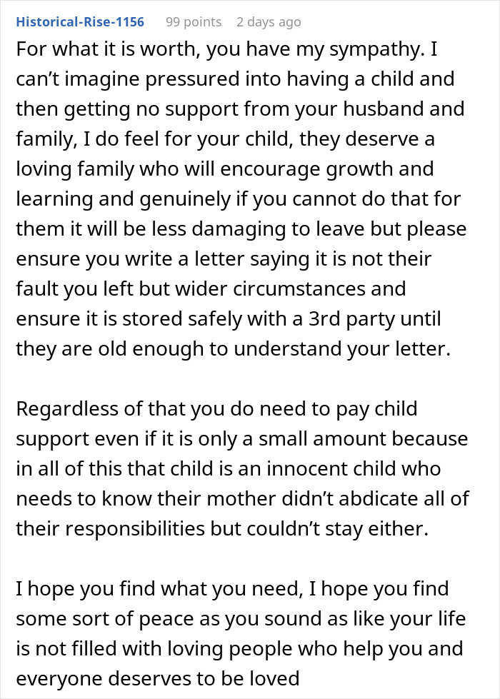 Reddit comment offering sympathy and advice to a mom tired of her cheating husband and unwanted child situation. Reddit comment offering sympathy and advice to a mom tired of her cheating husband and unwanted child situation.