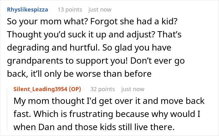Reddit conversation about mom’s new boyfriend’s kids damaging teen’s room and causing the teen to move out. Reddit conversation about mom’s new boyfriend’s kids damaging teen’s room and causing the teen to move out.