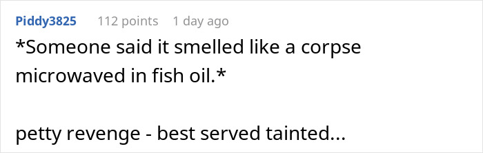 Screenshot of a Reddit comment describing petty revenge involving cat-food-flavored coffee as a humorous retaliation.