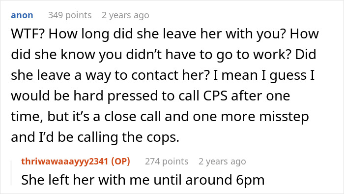Text comments discussing a woman who abandons her child with a stranger roommate she’s known briefly during a work emergency. Text comments discussing a woman who abandons her child with a stranger roommate she’s known briefly during a work emergency.