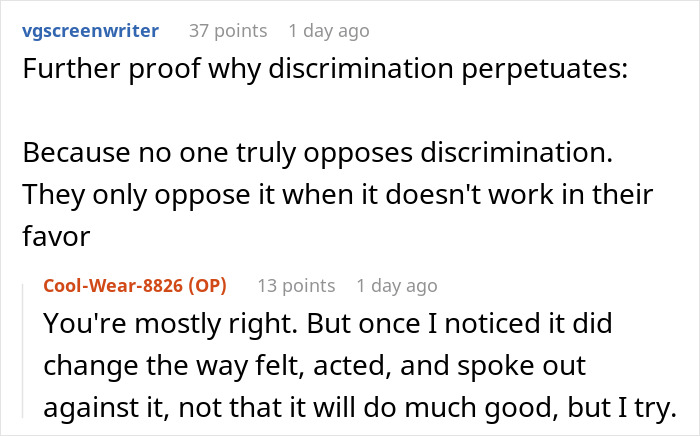 Screenshot of an online discussion where a woman reveals how life changed after losing her pretty privilege. Screenshot of an online discussion where a woman reveals how life changed after losing her pretty privilege.