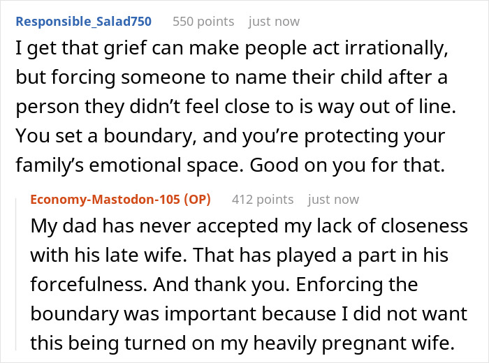 Man sets boundary after dad demands son name grandbaby after late wife, protecting family's emotional space. Man sets boundary after dad demands son name grandbaby after late wife, protecting family's emotional space.