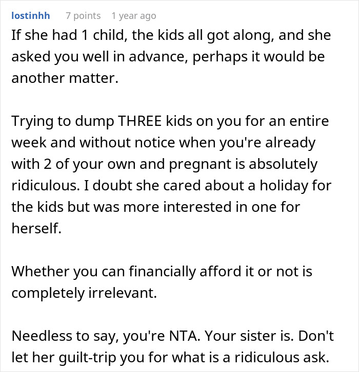 Screenshot of an online comment discussing family drama when a woman refuses to babysit step sister’s kids during holiday. Screenshot of an online comment discussing family drama when a woman refuses to babysit step sister’s kids during holiday.