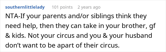 Reddit comment discussing siblings turning on sister after she denies sheltering brother’s entire family at her home. Reddit comment discussing siblings turning on sister after she denies sheltering brother’s entire family at her home.