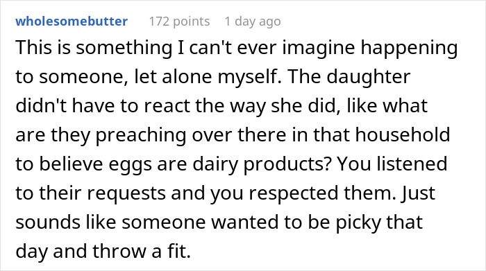 Screenshot of a Reddit comment discussing confusion over the belief that eggs are dairy products in a dairy-free cake request. Screenshot of a Reddit comment discussing confusion over the belief that eggs are dairy products in a dairy-free cake request.