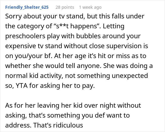 Reddit comment discussing charging friend for daughter damaging furniture and supervision responsibility in a family dispute. Reddit comment discussing charging friend for daughter damaging furniture and supervision responsibility in a family dispute.
