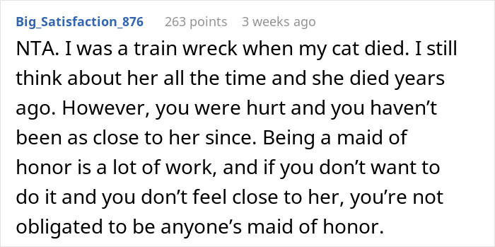 Comment discussing maid of honor responsibilities after losing a pet, relating to maid of honor missing sister’s wedding. Comment discussing maid of honor responsibilities after losing a pet, relating to maid of honor missing sister’s wedding.