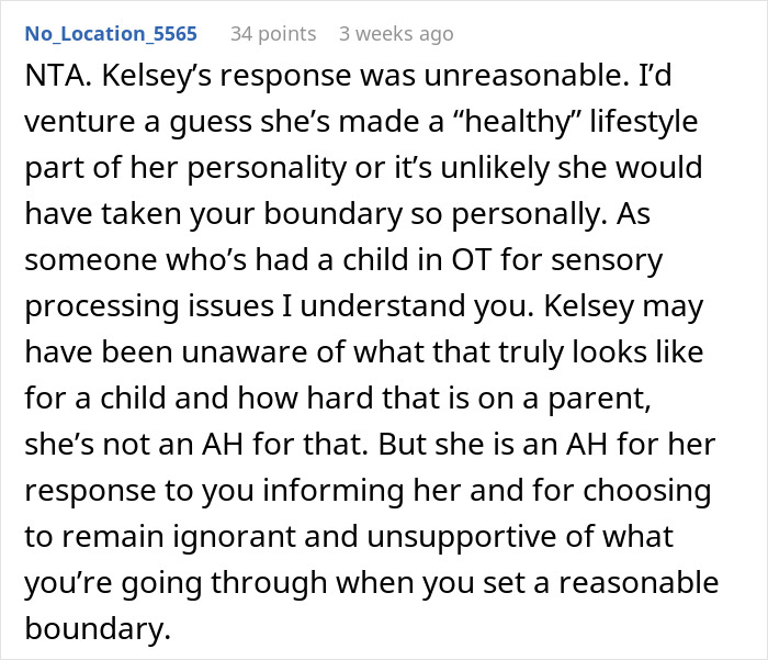 Comment explaining a woman’s experience with food talk triggering her due to her son’s autism and sensory processing issues.