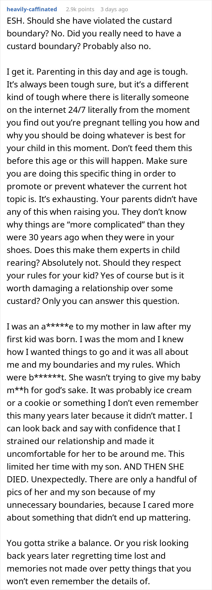 Reddit post discussing parenting challenges and regrets about keeping son away from grandmother after feeding custard. Reddit post discussing parenting challenges and regrets about keeping son away from grandmother after feeding custard.