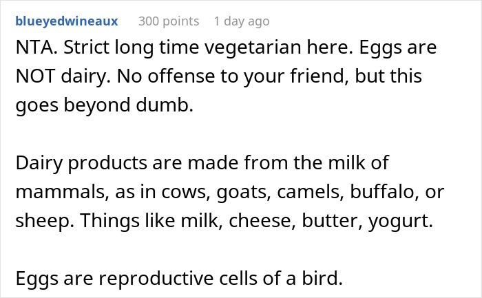 Comment explaining that eggs are not dairy, clarifying dairy products come from mammals’ milk, not eggs. Comment explaining that eggs are not dairy, clarifying dairy products come from mammals’ milk, not eggs.