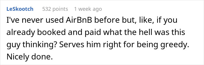 Comment praising petty revenge after Airbnb host raises price last minute, highlighting fairness and calling it nicely done. Comment praising petty revenge after Airbnb host raises price last minute, highlighting fairness and calling it nicely done.