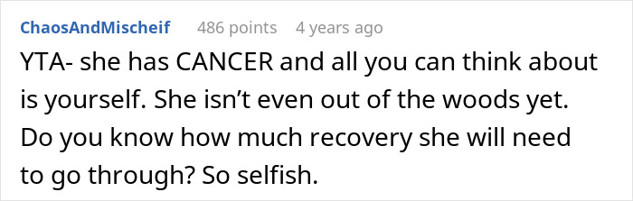Screenshot of a Reddit comment discussing a man walking out after wife’s cancer diagnosis affecting having biological kids. Screenshot of a Reddit comment discussing a man walking out after wife’s cancer diagnosis affecting having biological kids.