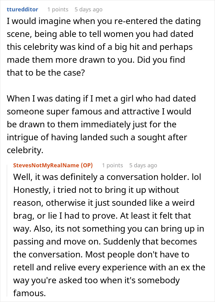 Screenshot of a Reddit conversation about the challenges of dating a famous actress and related social dynamics.