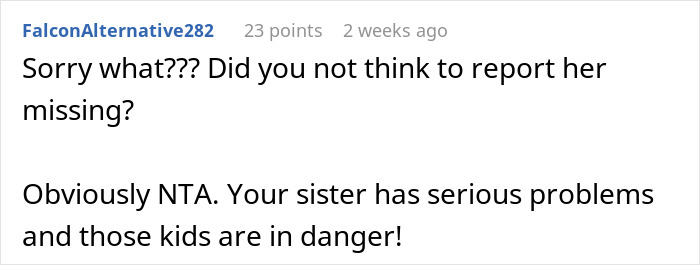 Screenshot of a Reddit comment discussing concerns about a sister leaving 18-year-old with two kids for several days. Screenshot of a Reddit comment discussing concerns about a sister leaving 18-year-old with two kids for several days.