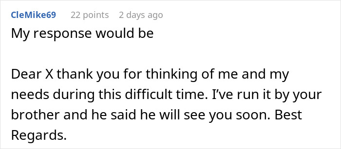 Text post showing a comment about a brother volunteering to support his wife’s needs while his sibling serves the country. Text post showing a comment about a brother volunteering to support his wife’s needs while his sibling serves the country.