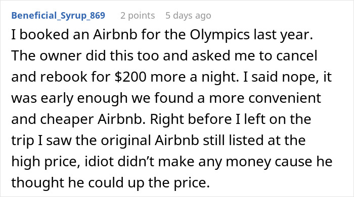 Screenshot of a Reddit comment describing petty revenge after Airbnb host raised price last minute and lost the booking. Screenshot of a Reddit comment describing petty revenge after Airbnb host raised price last minute and lost the booking.