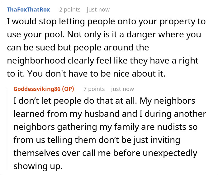 Comments discussing neighbors sending their relatives to use the pool without consent and setting boundaries. Comments discussing neighbors sending their relatives to use the pool without consent and setting boundaries.