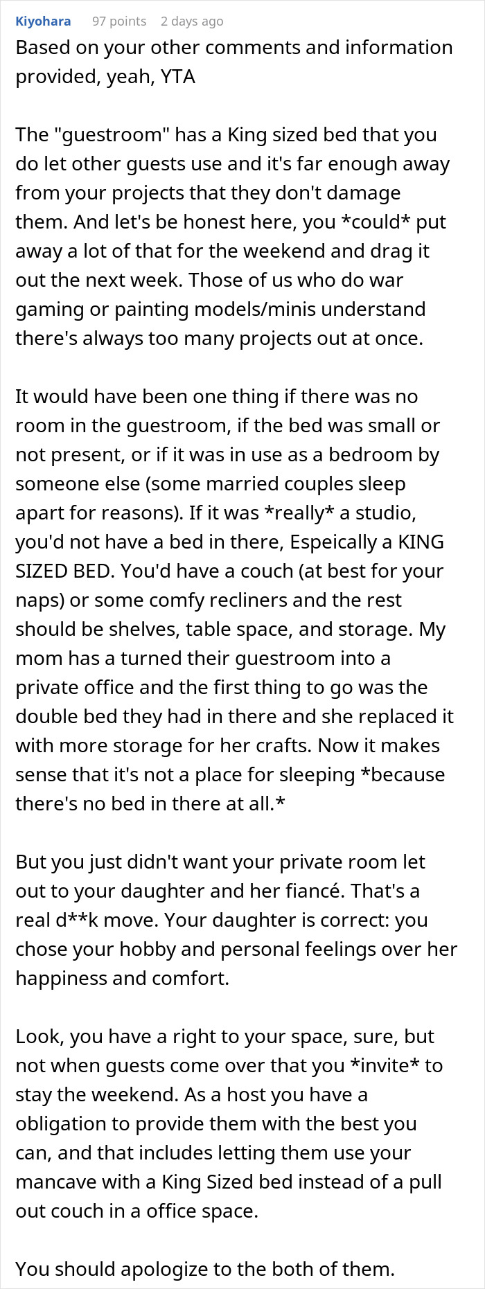 Man prioritizing his miniature wargaming studio over guest comfort, ignoring daughter and her fiancé's visit. Man prioritizing his miniature wargaming studio over guest comfort, ignoring daughter and her fiancé's visit.