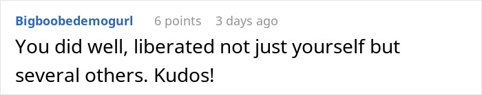 User comment praising someone for liberating themselves and others, related to manager creating a hostile workplace behavior.