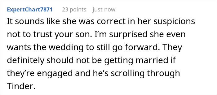 Screenshot of an online comment discussing wedding drama after the groom fails fiancée's loyalty test and funding issues. Screenshot of an online comment discussing wedding drama after the groom fails fiancée's loyalty test and funding issues.