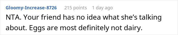 Screenshot of a Reddit comment discussing that eggs are not dairy in a debate about a dairy-free cake. Screenshot of a Reddit comment discussing that eggs are not dairy in a debate about a dairy-free cake.