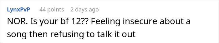 Screenshot of a social media comment discussing a boyfriend walking out over how his girlfriend connects with a song she's performing. Screenshot of a social media comment discussing a boyfriend walking out over how his girlfriend connects with a song she's performing.