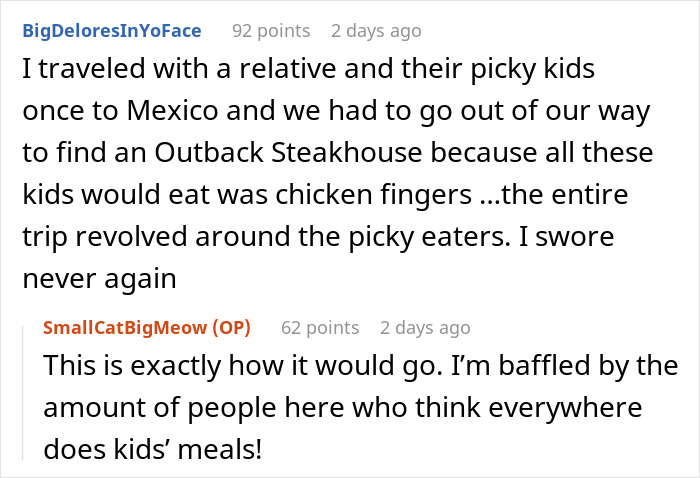 Man plans life-changing trip after cancer battle but backs out due to brother’s picky kids affecting travel experience.