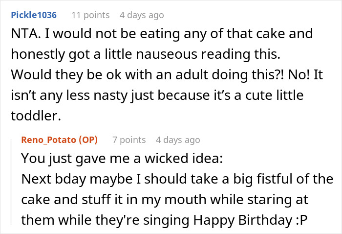 Comment thread about guy moving cake away from toddler destroying it, with parents giving major side-eye reactions. Comment thread about guy moving cake away from toddler destroying it, with parents giving major side-eye reactions.
