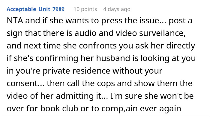 Screenshot of an online comment discussing a neighbor complaining about a woman’s outfit and her husband staring. Screenshot of an online comment discussing a neighbor complaining about a woman’s outfit and her husband staring.