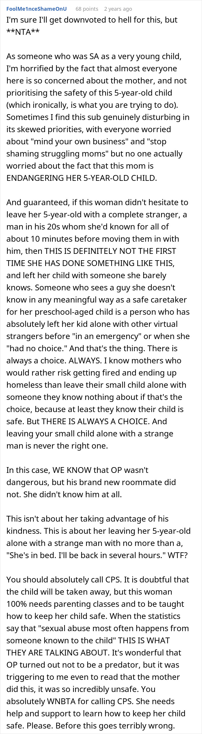 Comment discussing a woman abandoning her child with a stranger roommate she barely knew, citing a work emergency. Comment discussing a woman abandoning her child with a stranger roommate she barely knew, citing a work emergency.