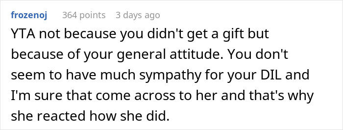 Screenshot of online comment discussing a daughter-in-law’s attitude after being skipped for Mother’s Day gifting by MIL. Screenshot of online comment discussing a daughter-in-law’s attitude after being skipped for Mother’s Day gifting by MIL.