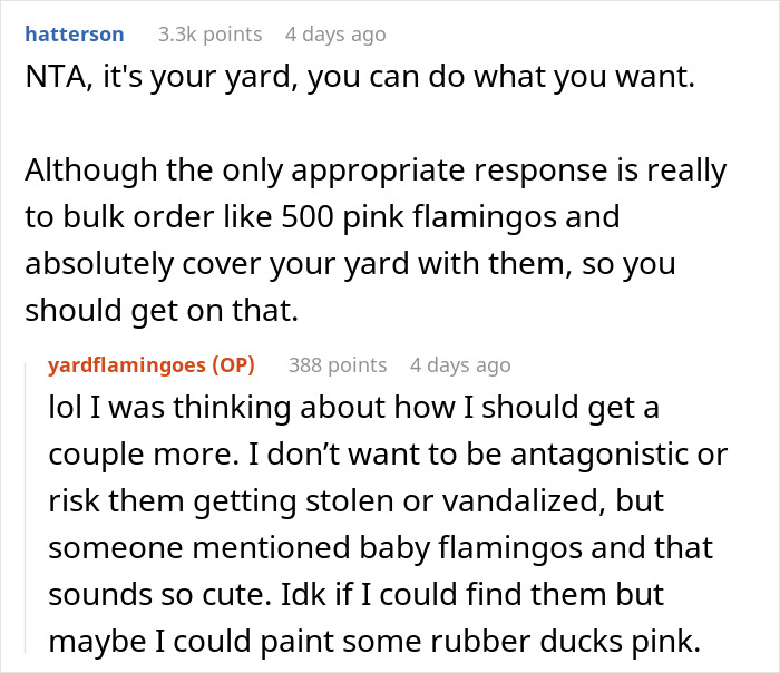 Comments discussing a Facebook campaign and plans to buy more pink flamingos to cover a neighbor’s yard.