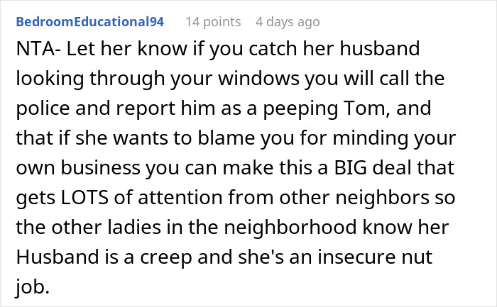 Comment discussing a neighbor complaining about a woman’s outfit because her husband keeps staring at her. Comment discussing a neighbor complaining about a woman’s outfit because her husband keeps staring at her.
